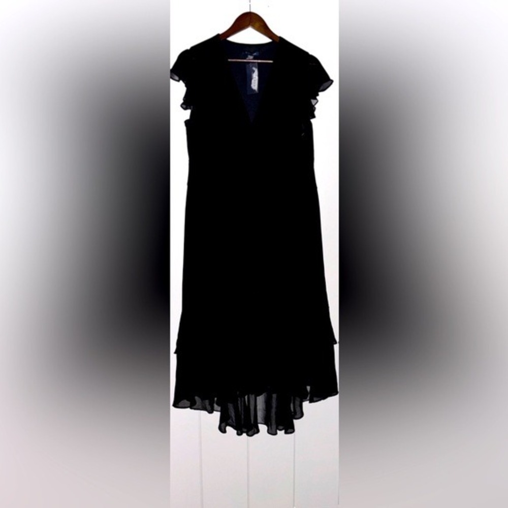 Tommy Hilfiger Chiffon Ruffle Trim V-Neck Midi Black Tiered Dress Women 14 NEW